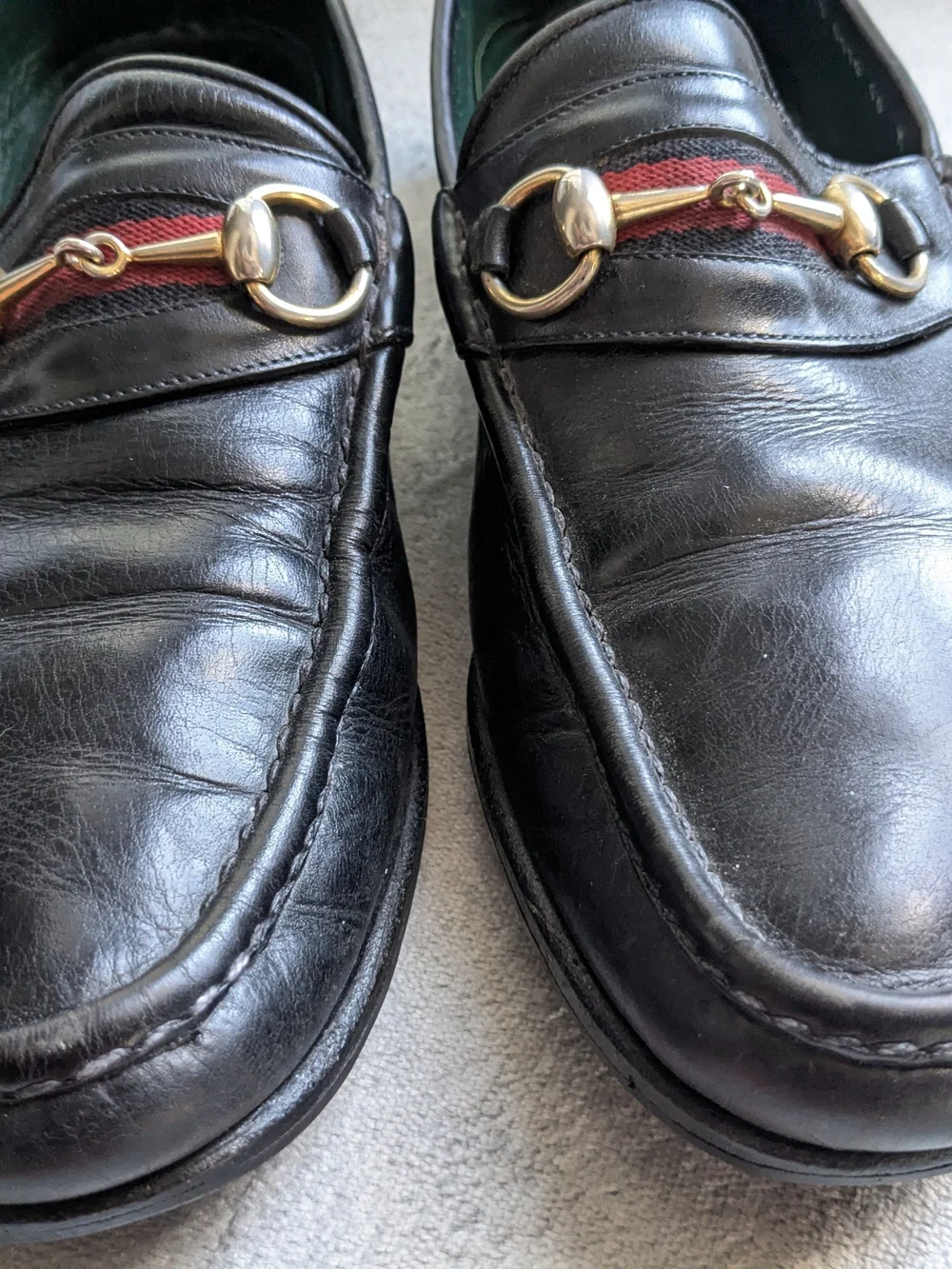 Gucci Black Leather Horsebit Loafers with Red Web Accent US 12 Vintage